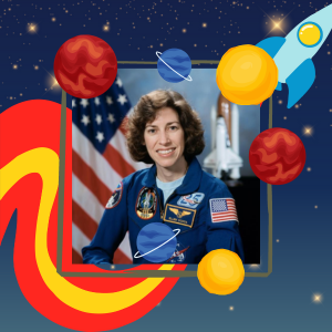 Photograph of Ellen Ochoa with space icons