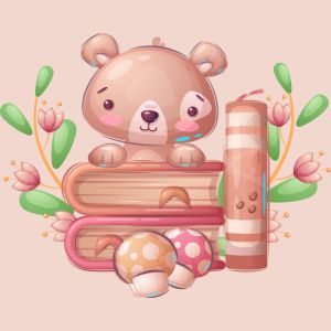 Illustrated teddy bear with stack of books and mushrooms