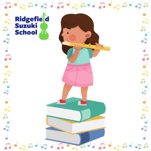 Illustration of child playing flute with Ridgefield Suzuki logo