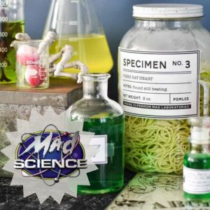 Mad Science logo with photograph of lab bottles