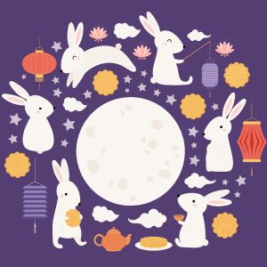 Illustration of rabbits, mooncakes, moon, lanterns