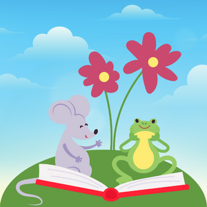 Illustration of mouse and frog reading a book under pink flower