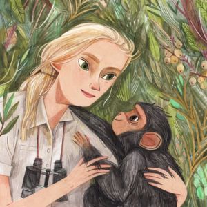Illustration of Jane Goodall with chimpanzee