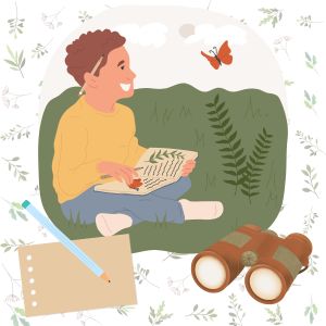 illustration of boy with notebook and pencil watching butterfly