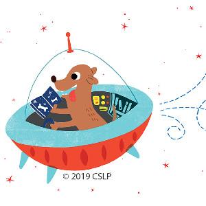 Dog reading in a spaceship