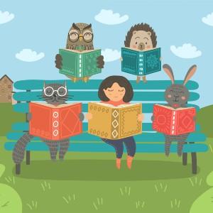 animals and girl reading on a park bench