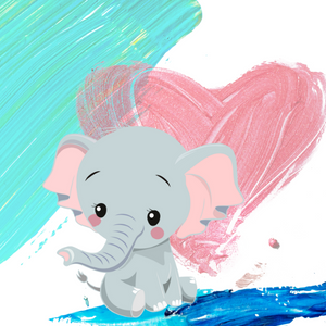 cute cartoon elephant with a painted heart background
