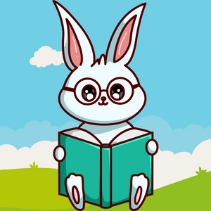 Illustrated rabbit reading book on spring background