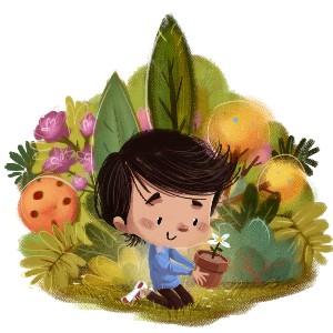 Illustrated child planting sapling