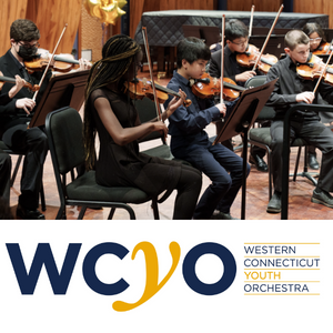 Photograph of members performing and the WCYO logo