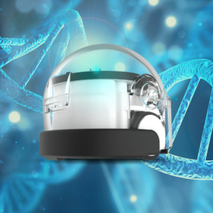 Photograph of ozobot in front of  dna symbols