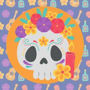 Illustrated candy skull with flowers and candle