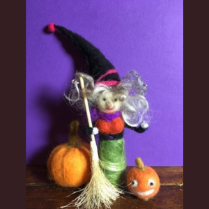Needle Felted Witch and Pumpkins