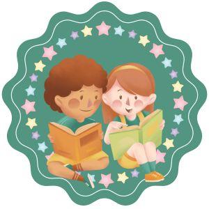 Illustration of boy and girl reading book together on green background