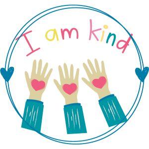 Three hands with hearts under text "I am Kind"