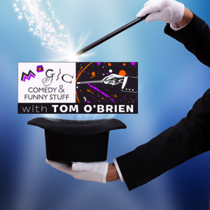 Tom O'Brien Magic logo with hands holding top hat and magic wand