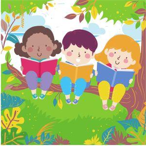 Illustration of three children reading in a tree