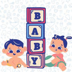 Illustration of two babies with blocks that spell "baby"