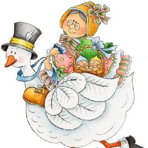 Illustration of Mother Goose riding goose