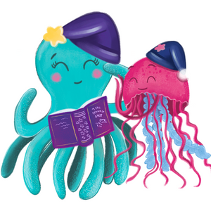 Illustrated octopus and jellyfish reading a book