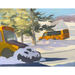 Painting of School Buses in the Snow