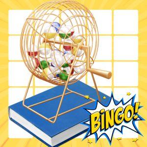 Bingo wheel on top of blue book 