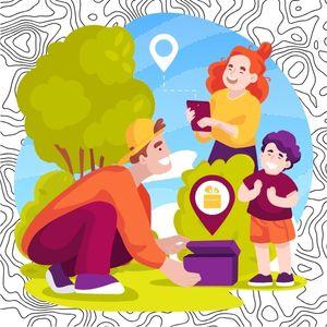 Illustration of family finding geocache box