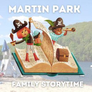 Children sailing on an open book with text "Martin Park Family Storytime"