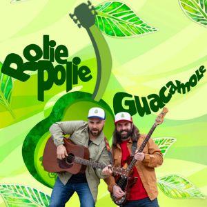 Photograph of Rolie Polie Guacamole band in front of album cover