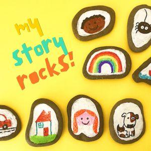 painted rocks on yellow background with text "my story rocks!"