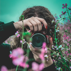 Woman with Camera, Pink Flowers