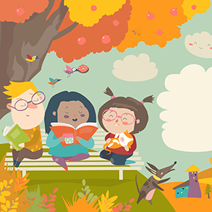 Illustration of children reading on park bench in fall