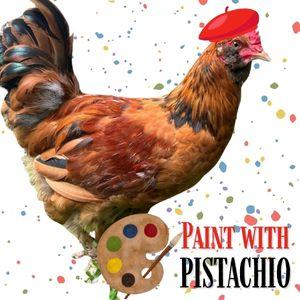 Chicken wearing red beret and holding paint palette