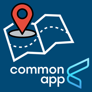 The Common App logo on a dark blue background, with a map and location pin above it.