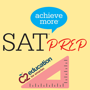 The SAT logo alongside a red, cursive "Prep", with the C2 Education logo above a pink ruler.