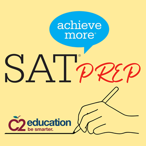 The SAT logo alongside a red, cursive "Prep", with the C2 Education logo above a black graphic of a hand drawing a line.