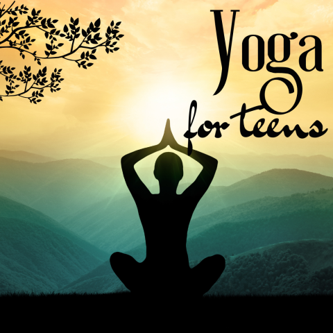 A calm, yellow and green background, with a black silhouette of a figure doing yoga. The words "Yoga for Teens" are in the upper right corner.