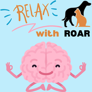 Orange and black text reads "Relax with ROAR" with the ROAR logo in the upper right corner. A brain does yoga at the bottom.