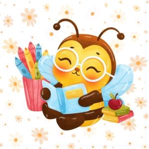 Illustration of bee reading book with art supplies and books