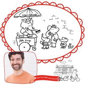 Drawing of hot dog cart with photo of Doug Salati