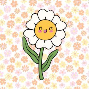 Illustration of daisy smiling and waving on floral background