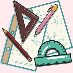 Math tools such as an angle ruler, a protractor, and pencils, against worksheets on a light red background.