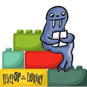 Illustration of walrus reading a book, sitting on lego blocks