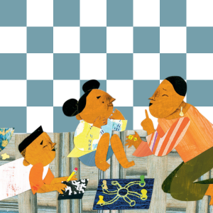 Illustration of family playing board game