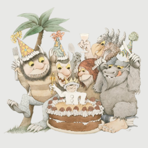 Maurice Sendak illustration of Max and Wild Things around cake