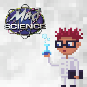 Pixel art scientist with Mad Science Logo