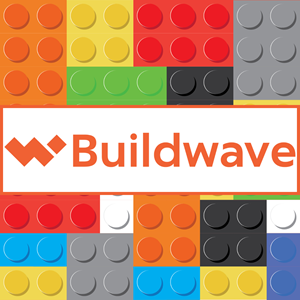 The Buildwave Logo against a background of multicolored LEGO bricks