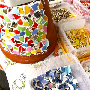 Mosaic Flower Pot with Tiles and Supplies.