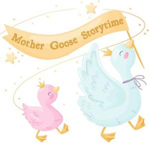 Illustration of Mother Goose carrying "storytime" banner with gosling following behind