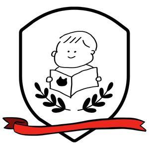 Illustrated child reading book on crest with red banner
